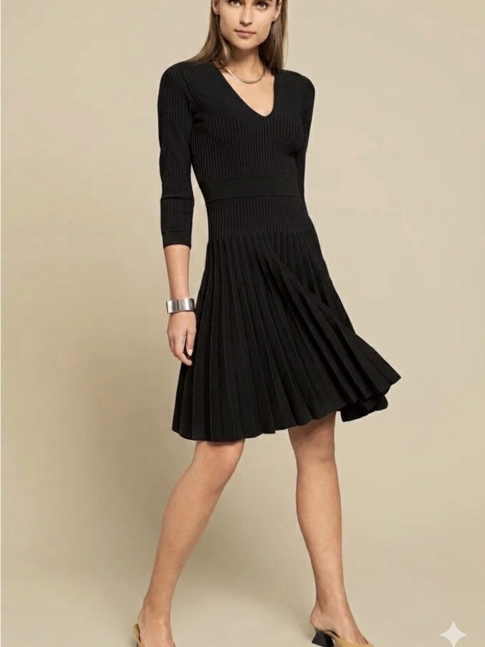 The Fold London Malvern Black Fit & Flare Knit Pleated Midi Dress Size L